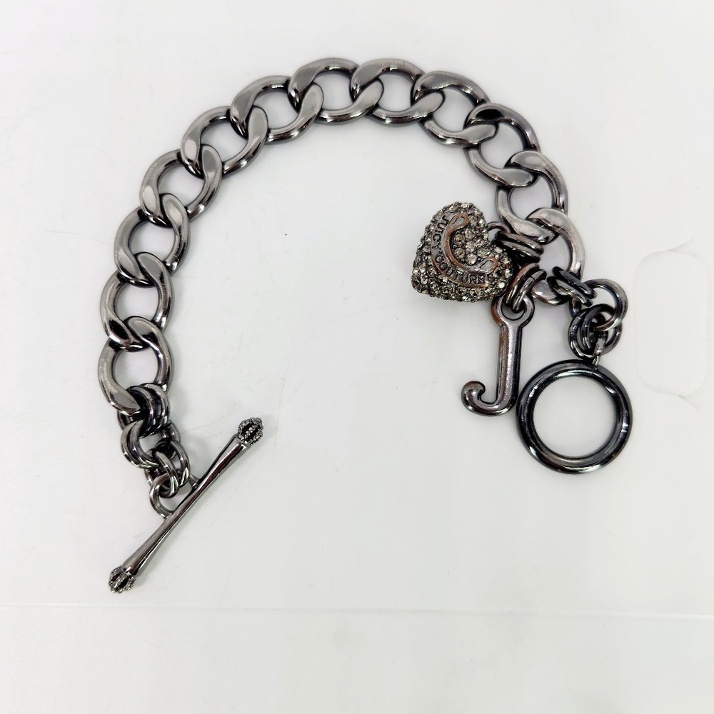 Juicy Couture Hematite Clear Pave Rhinestone Puffy Heart Link Charm Bracelet